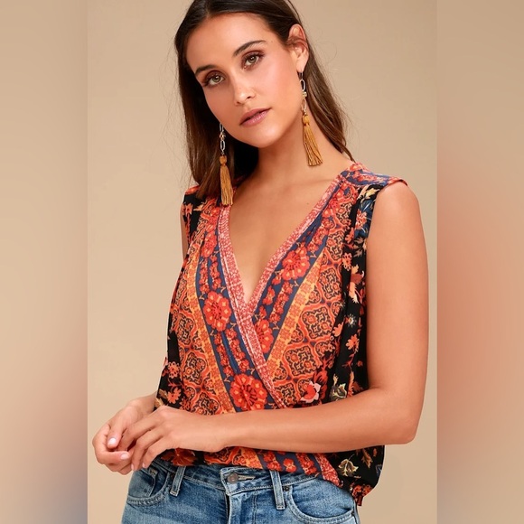 Free People Tops - Free People Havana Floral Print Sleeveless Surplice Mesh Top Black/Orange M